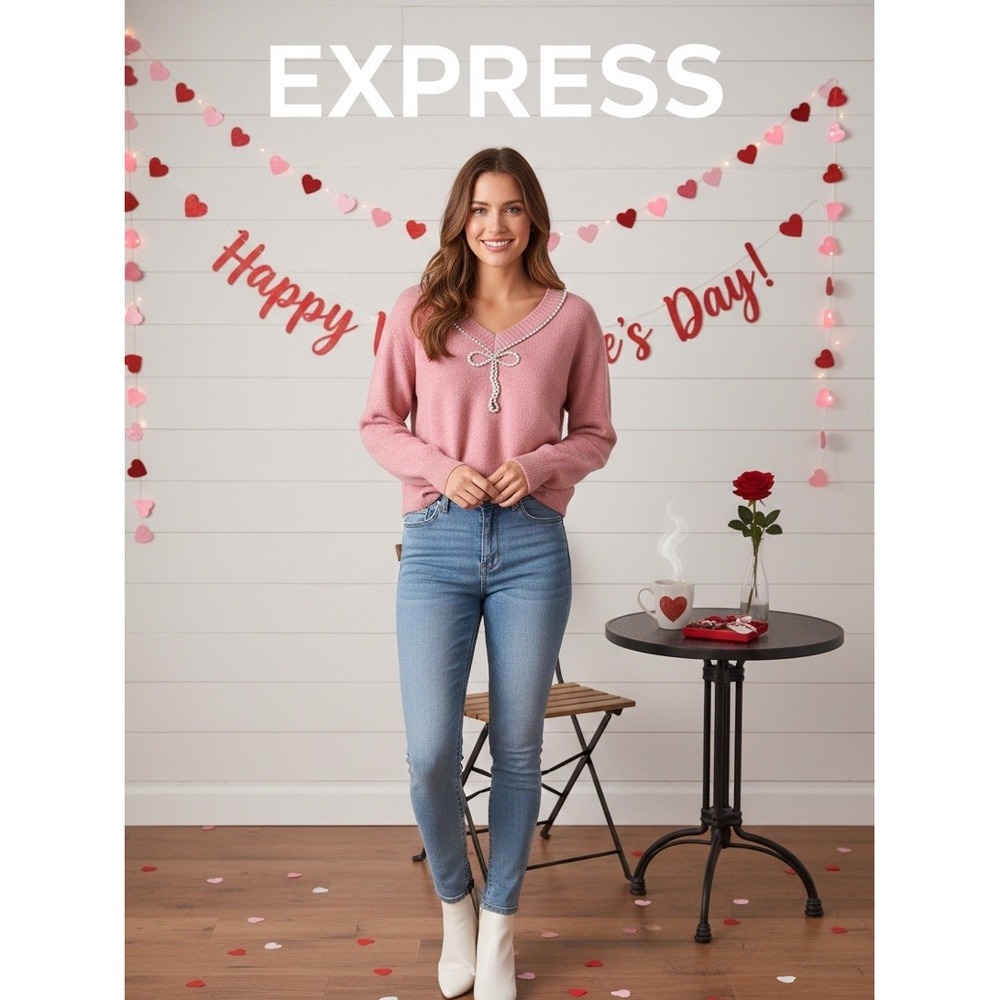 🔥Express 🩷XS‎ Pink Knit Sweater Pearl Trim Bow Accent V-Neck Long Sleeve$98